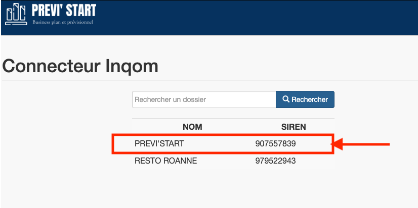 Recherche et sélection du dossier comptable dans Inqom